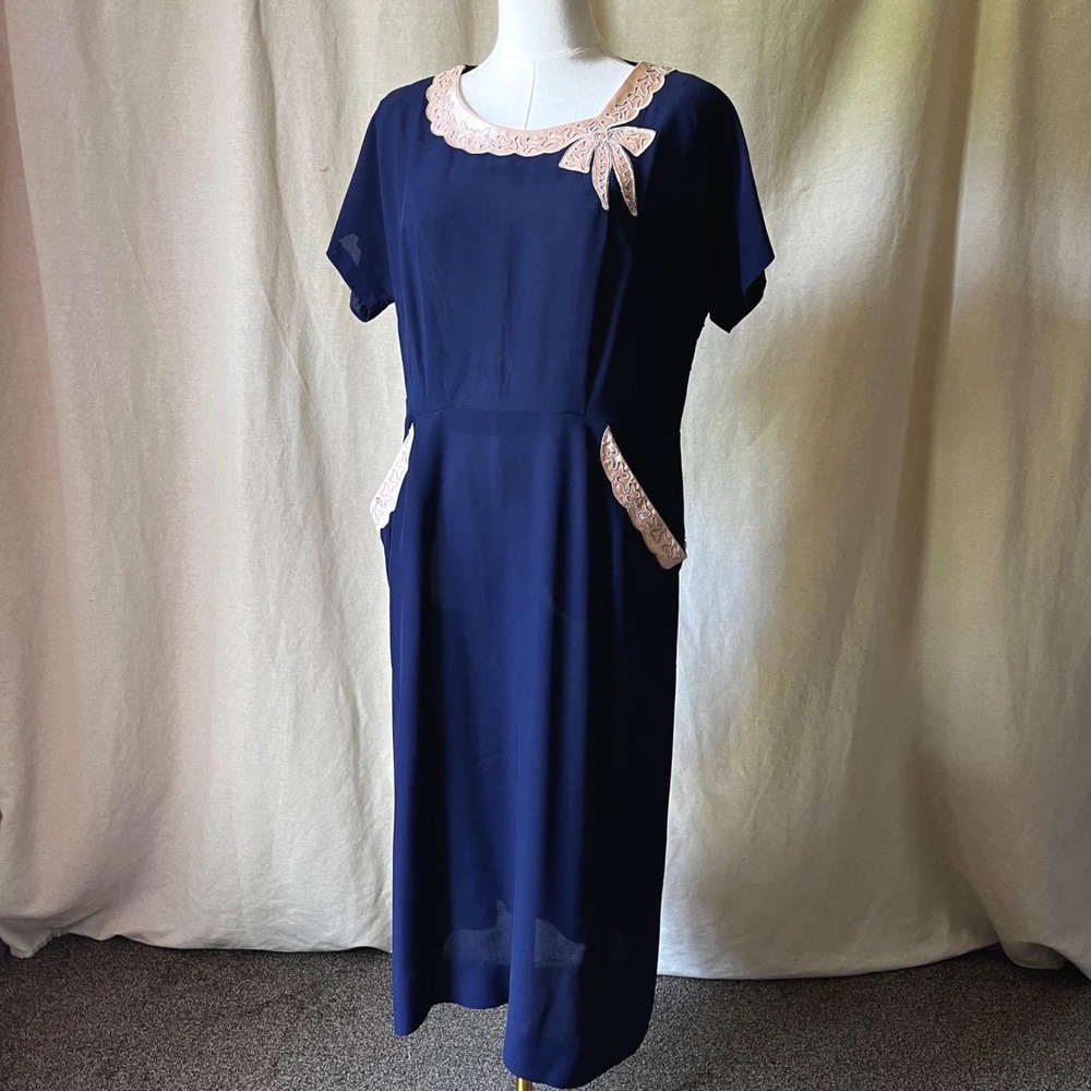 Vintage Forever Young by Puritan Navy Blue‎ Dress Pink Soutache Bow Trim Large
